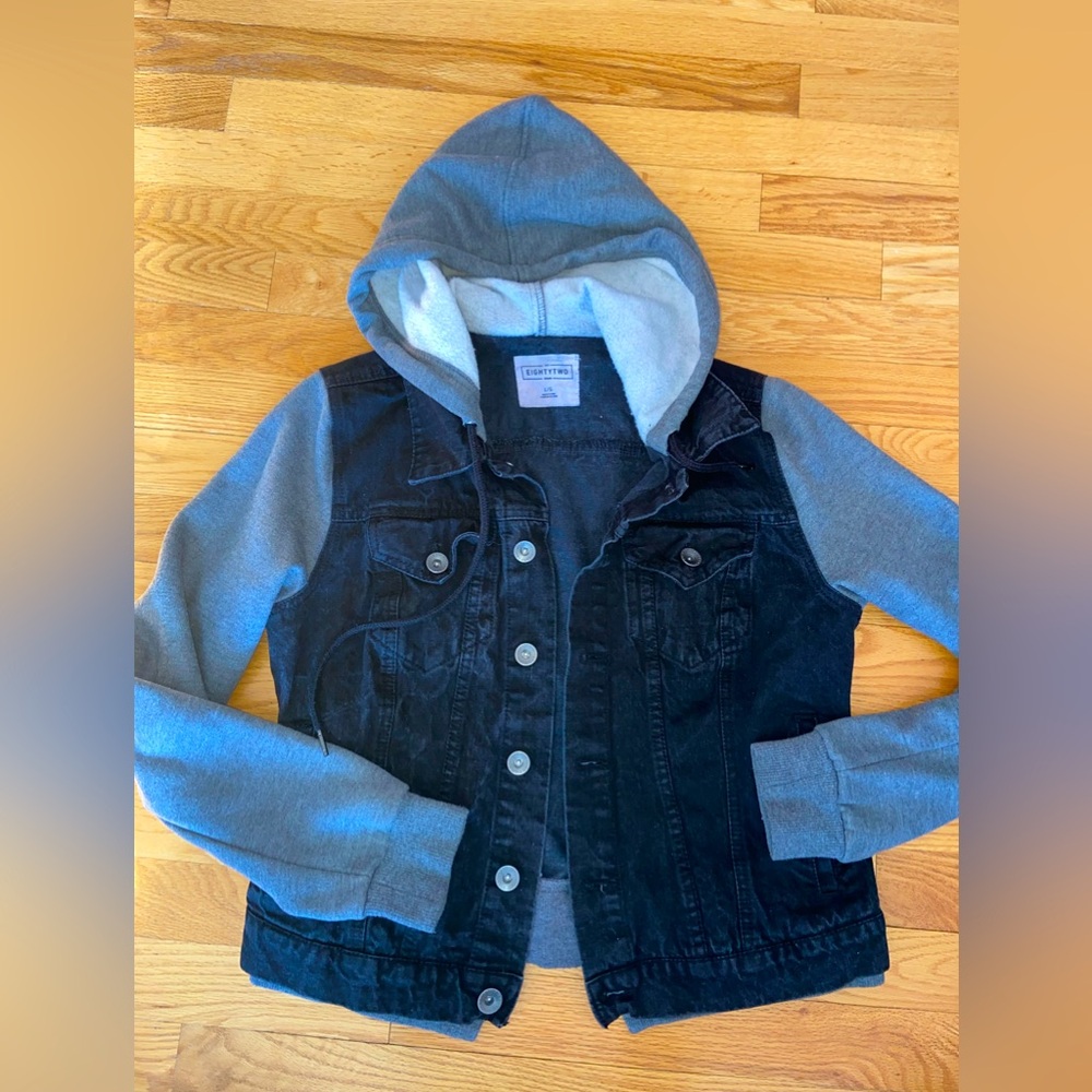 Faded Black Denim Jacket with Hood